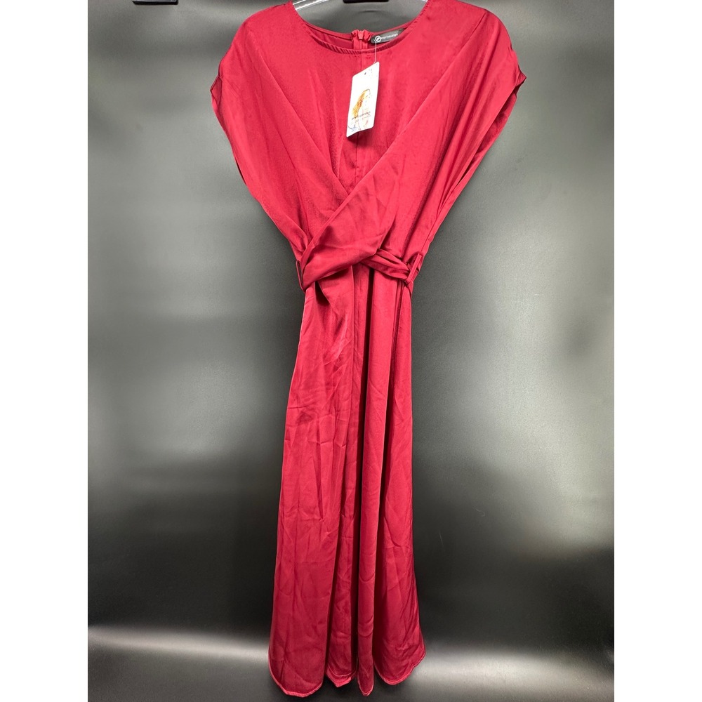 PrettyGarden Wine Red Satin Wrap Midi Dress Cocktail Party Cap Sleeve Medium - Picture 3 of 6
